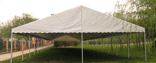 Una gran carpa blanca está situada en el medio de un campo de hierba.