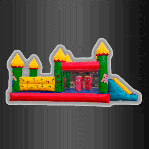 Una casa inflable colorida con un tobogán sobre un fondo negro.