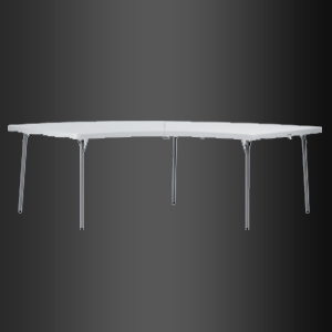 Una mesa larga blanca con patas transparentes sobre un fondo negro.