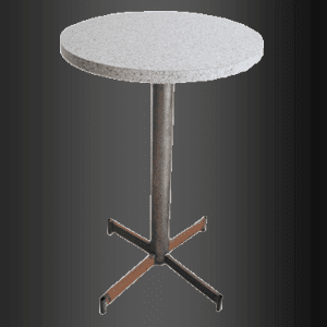 Una mesa redonda con base de metal sobre un fondo negro.