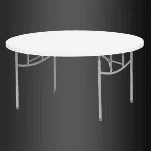 Una mesa redonda blanca con patas de metal sobre un fondo negro.