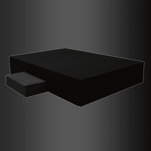 Una caja negra con un cajón debajo sobre un fondo negro.