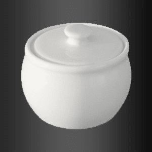 Un recipiente blanco con tapa sobre un fondo negro