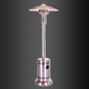 Un calentador de patio de acero inoxidable con techo sobre fondo negro.