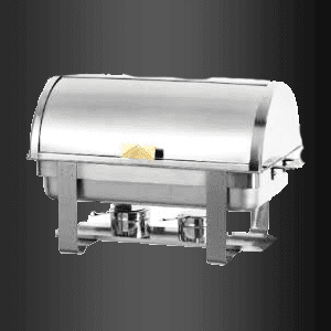 Un plato de acero inoxidable con tapa sobre un fondo negro.