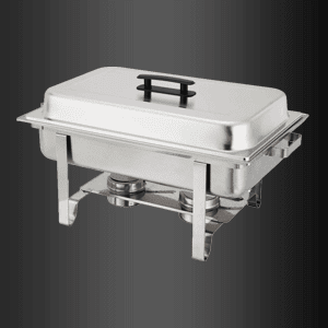 Un plato de acero inoxidable con mango negro