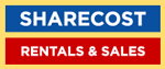 A blue and red sign that says sharecost rentals and sales
