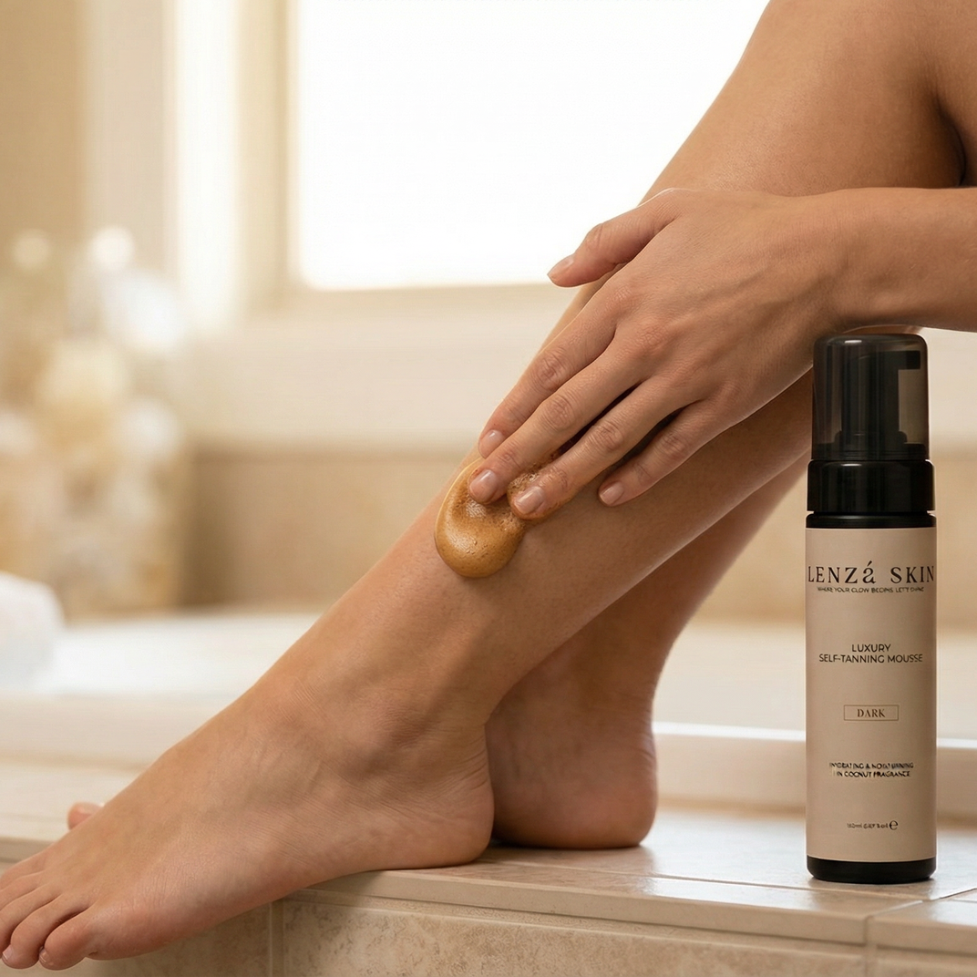 Persoon brengt zelfbruiner aan op zijn been met een fles op de rand van de badkamer.