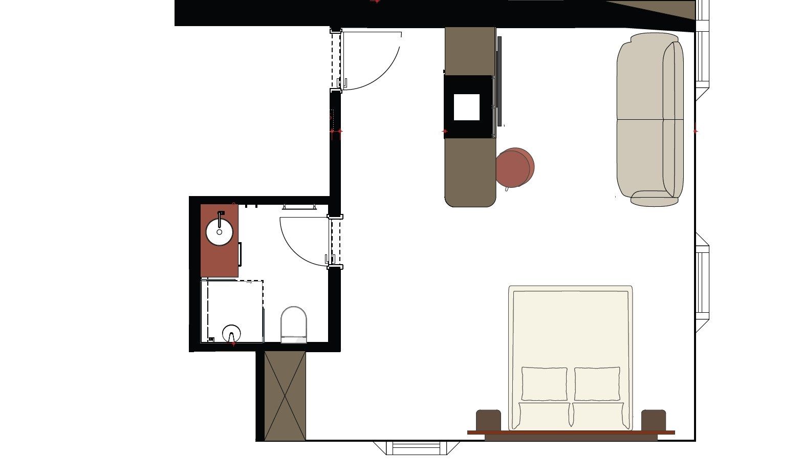 Grundriss eines Studio-Apartments mit Bad, Küche, Bett und Couch.