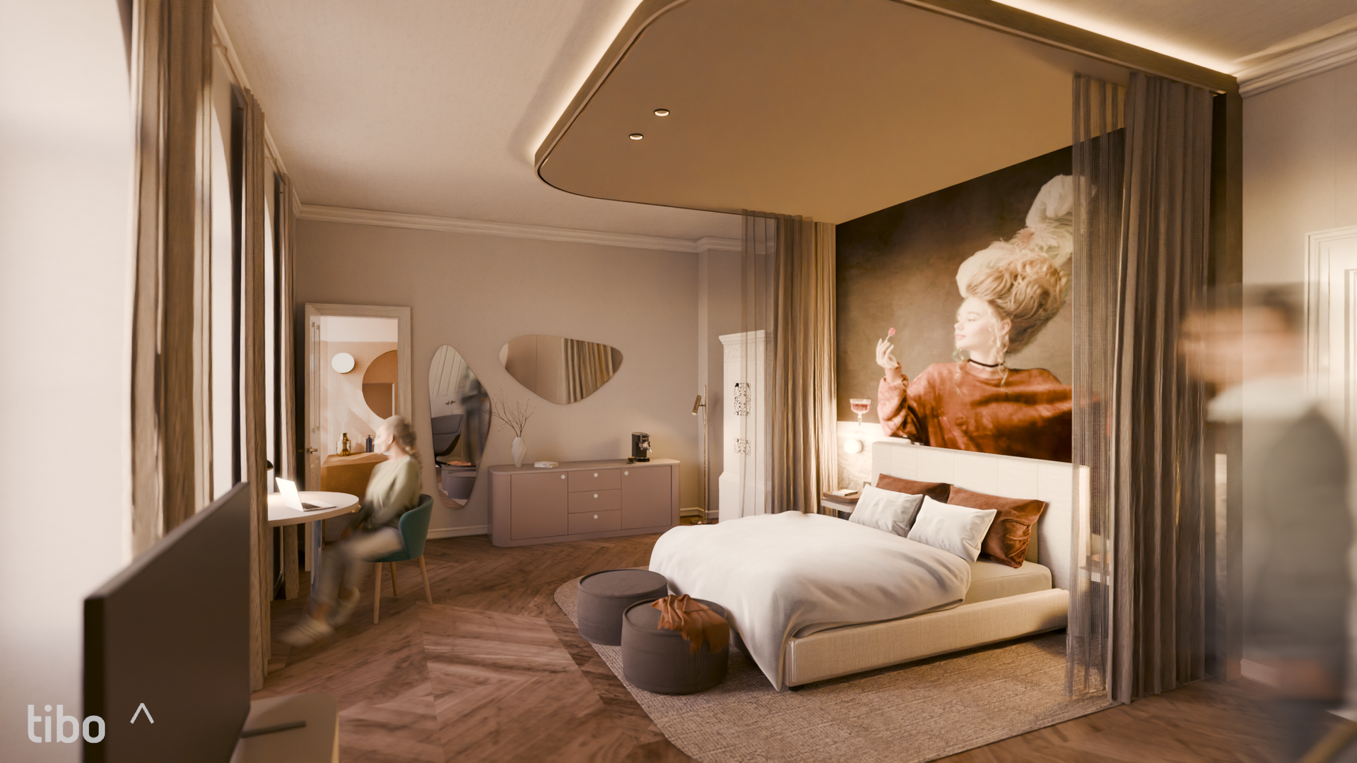 Gehobenes Schlafzimmer mit Bett, Kunstwerk, Schreibtisch und einer sitzenden Person. Warme Töne und modernes Design.