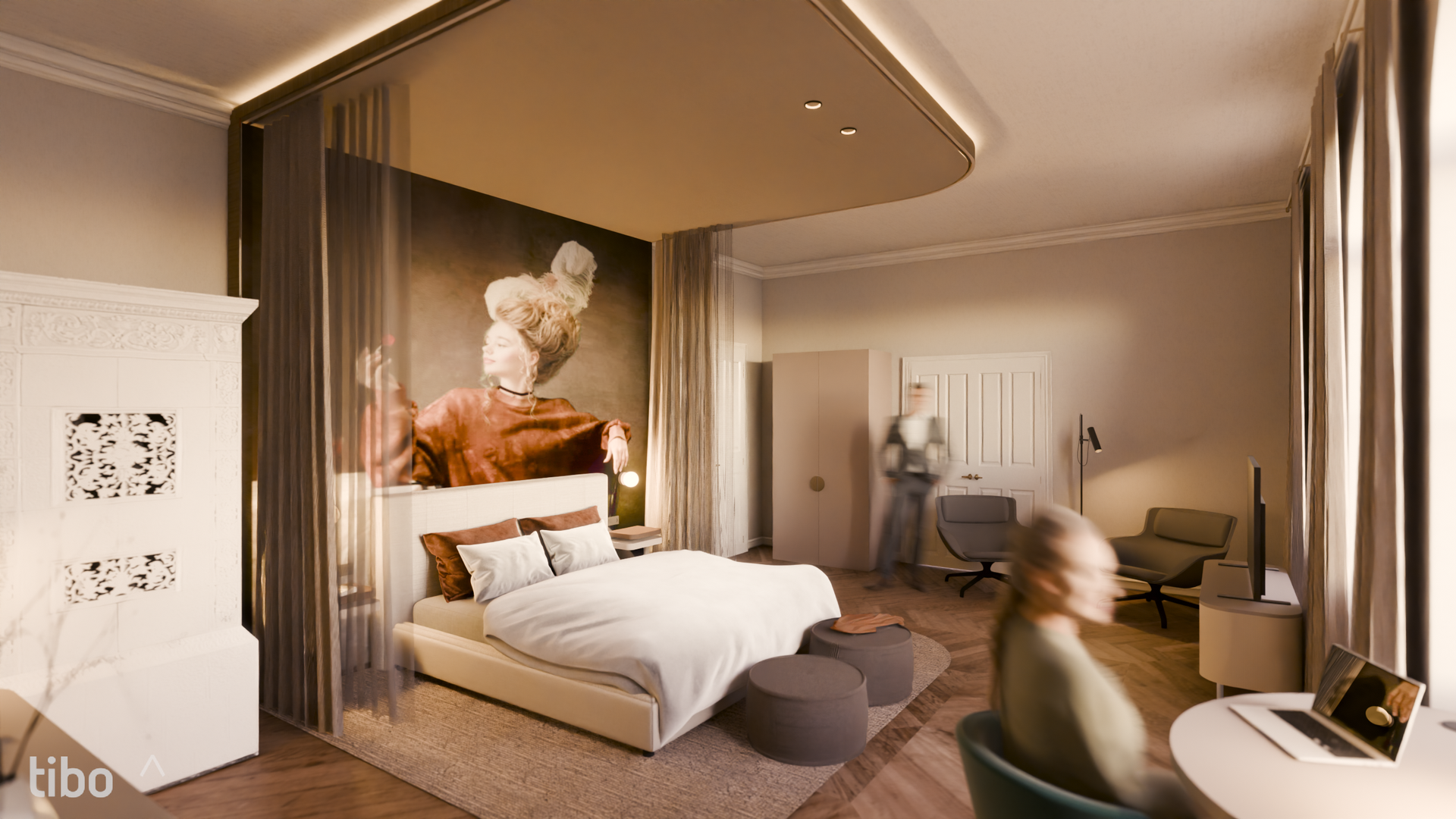 Eine künstlerische Darstellung eines Hotelzimmers mit Bett, Schreibtisch, Stuhl und Gemälde an der Wand.