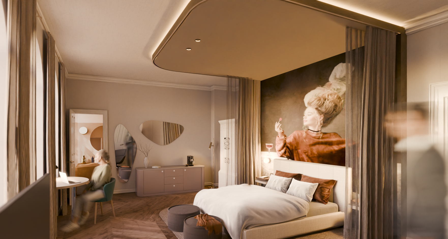 Modernes Hotelzimmer mit großem Bett, Kunstwerken, Schreibtisch und Sitzecke. Sanfte Farben, gedämpfte Töne.