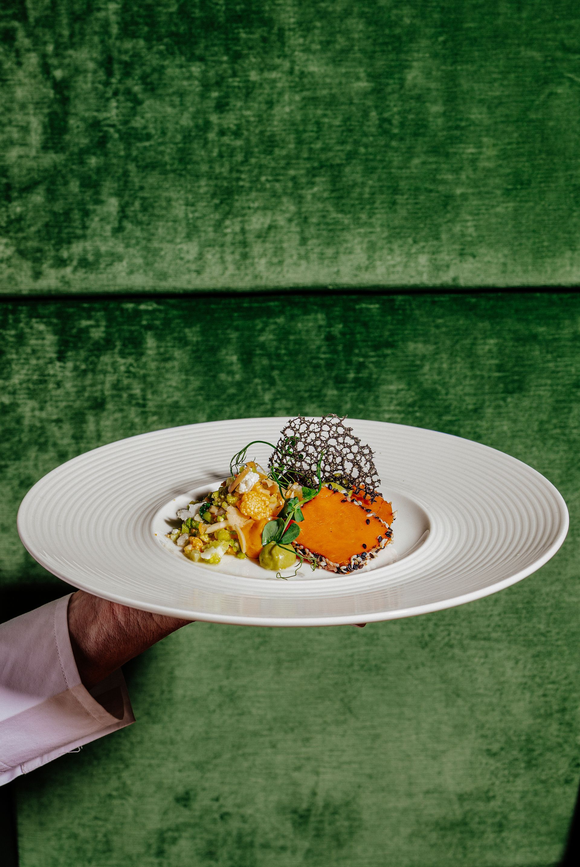Ein Teller mit Gourmet-Essen steht vor einer grünen Samtwand; das Gericht enthält orangefarbene, schwarze und weiße Elemente.