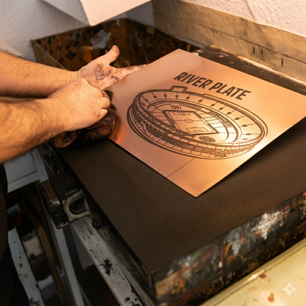 Persona imprimiendo el diseño del estadio River Plate sobre una placa de cobre utilizando un paño.