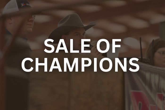 Man on microphone with black overlay that reads sale of champions