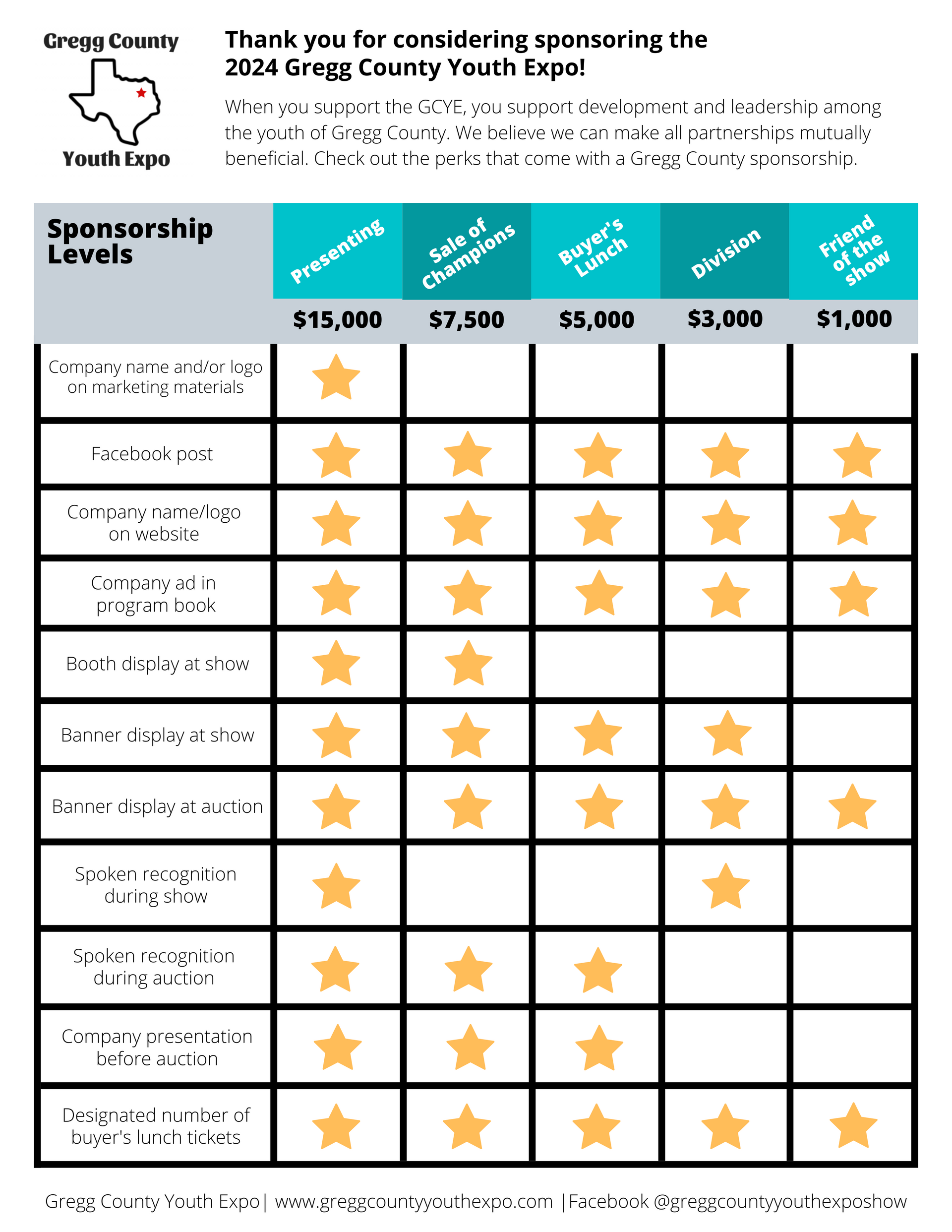 Graphic with sponsorship levels and stars of each opportunity