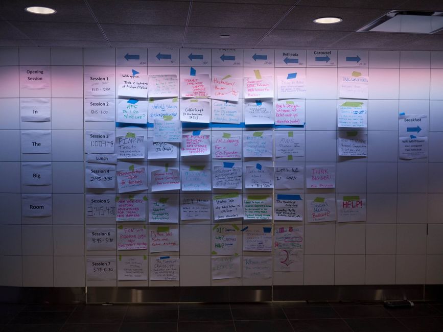 An unconference planning grid, with ad-hoc proposals taped to the wall An unconference planning grid, with ad-hoc proposals taped to the wall