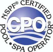 Logo: NSPF Certified Pool/Spa Operator (CPO) in blue and white.