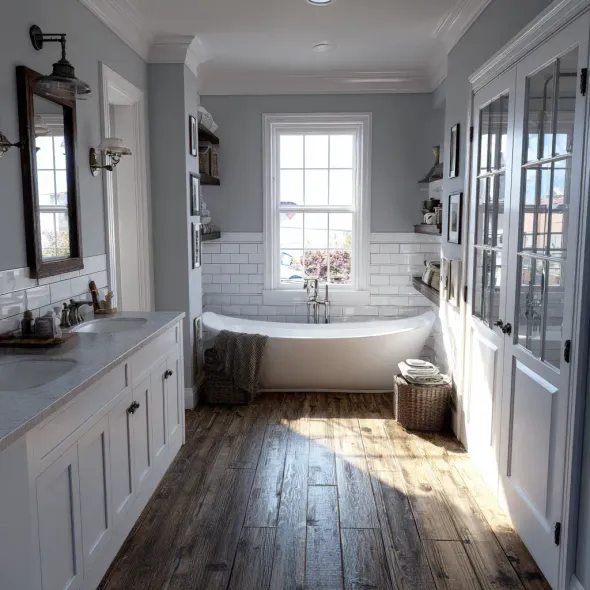 A kitchen with white cabinets and a large island in the middle.