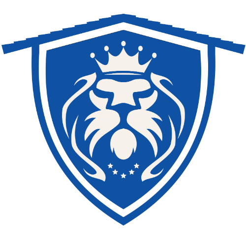 A blue shield with a lion and a crown on it.
