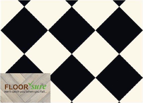 A black and white checkered floor with a floor sure logo