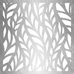 A stainless steel screen with a pattern of leaves cut out of it.