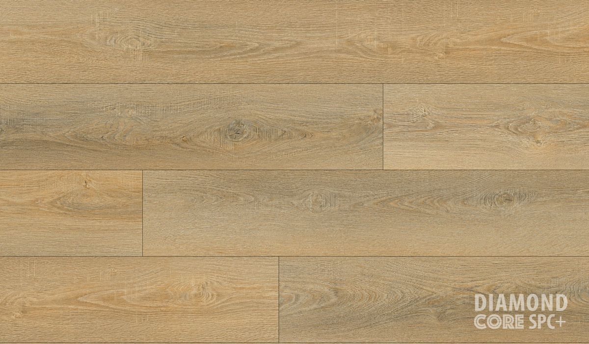 A close up of a wooden floor with a diamond core spc + finish.