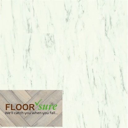 A white marble floor with a wooden floor in the background.