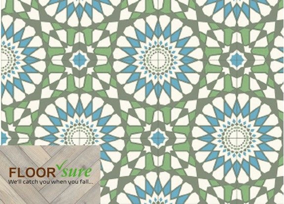 A floor suite advertisement with a green and blue pattern