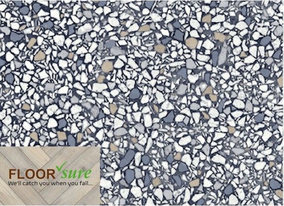 A picture of a terrazzo floor that says floor sure