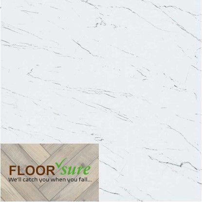 A picture of a white marble floor that says floor sure