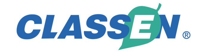 A blue and green logo for classen with a leaf in the middle