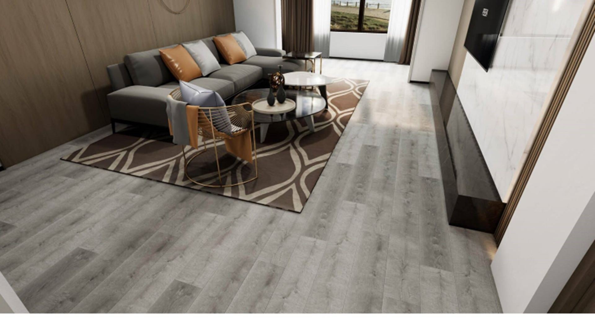 A living room with a couch , table , chairs and a rug.