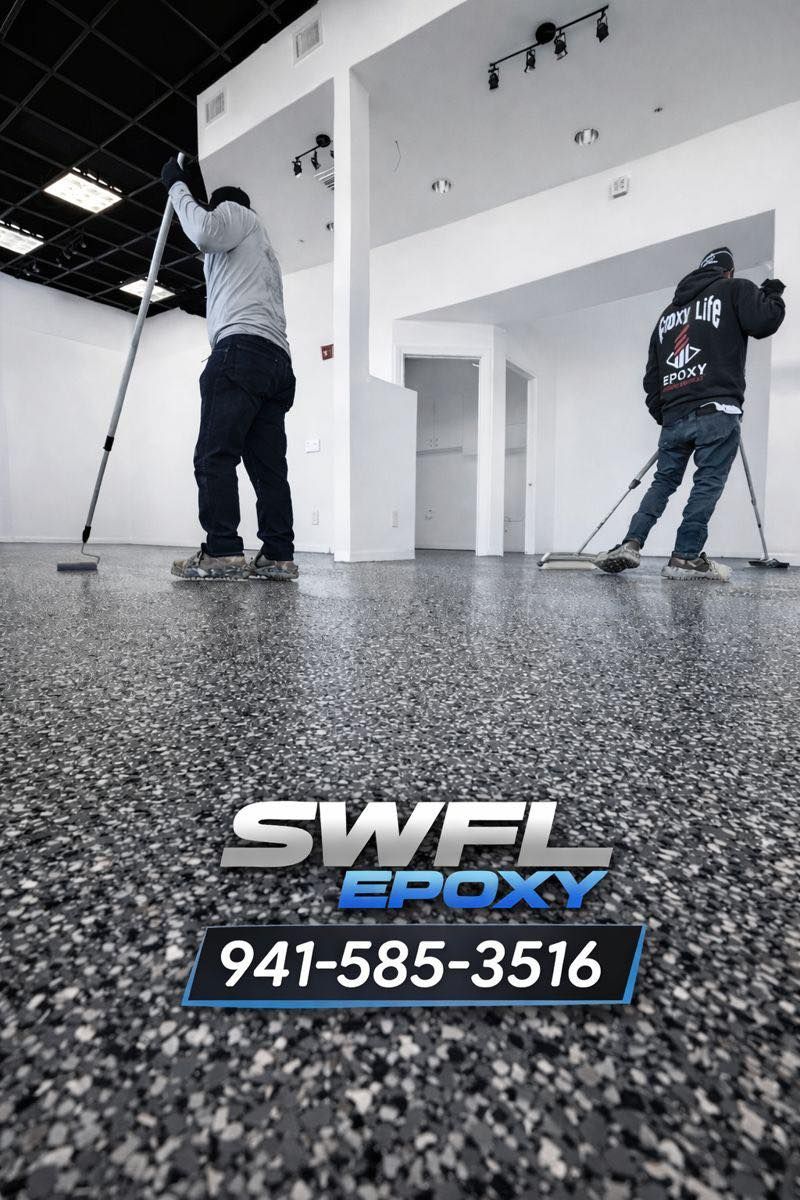 Two workers applying epoxy flooring in a commercial space, gray and black speckled finish. SWFL Epoxy logo and phone number.