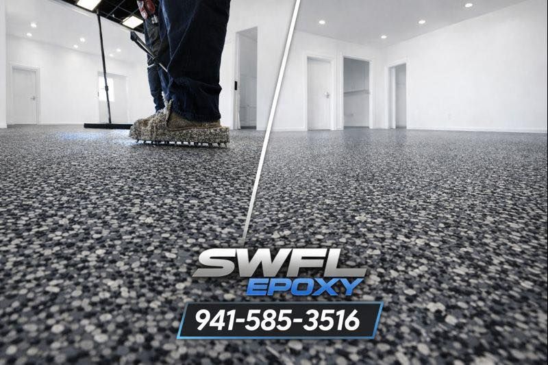 Epoxy floor with speckled aggregate; person applying coating. SWFL Epoxy logo & phone number visible.