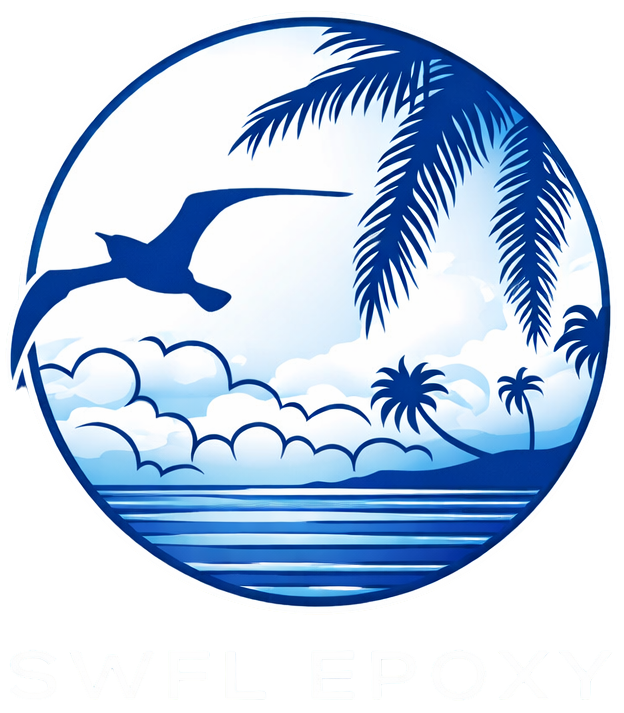 Seascape in a blue circle: ocean, palm trees, clouds, seagull in flight.