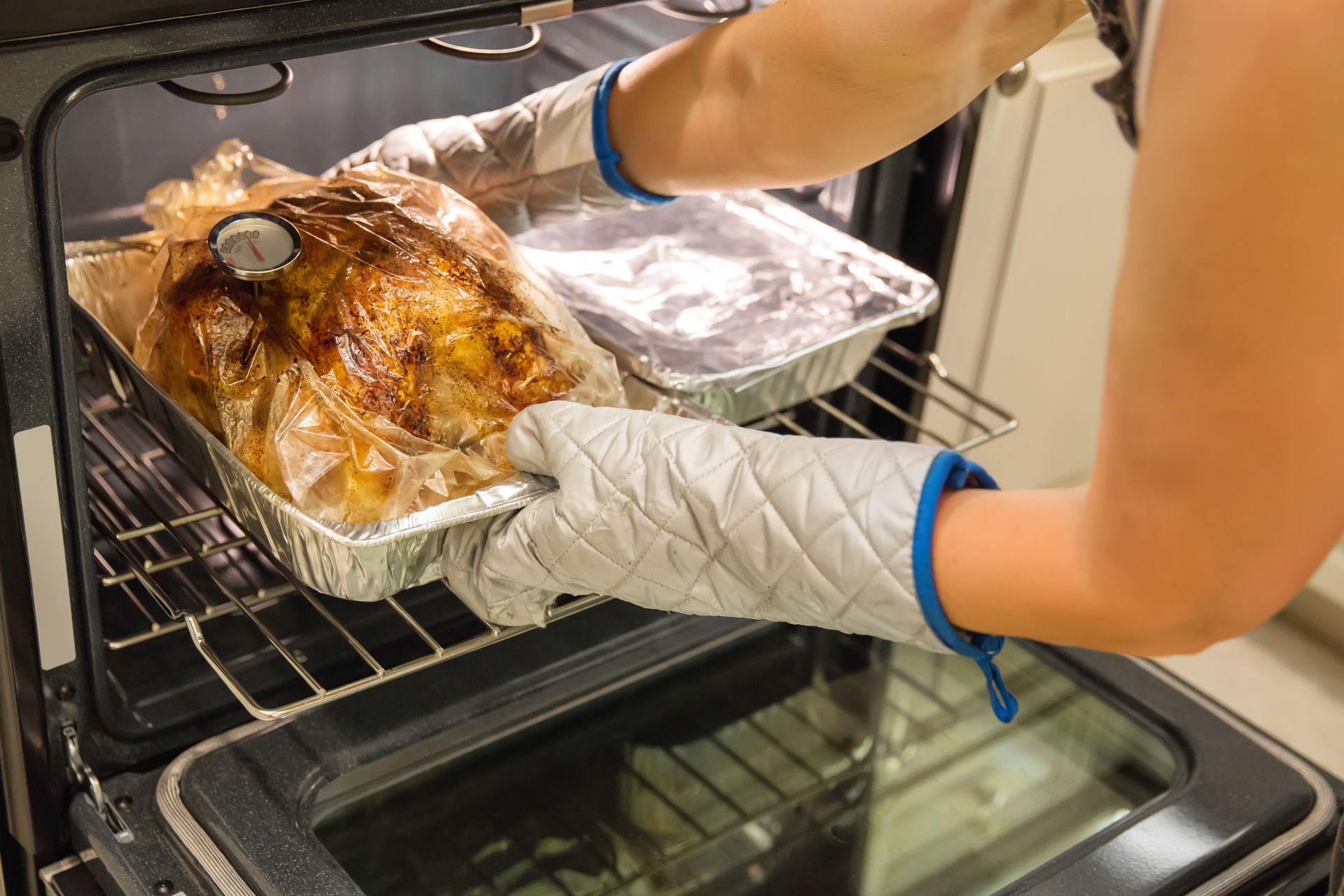 A person is taking a pan of food out of an oven