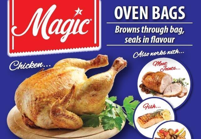 An advertisement for magic oven bags with a picture of a chicken