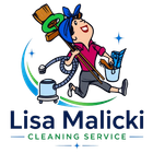 Lisa Malicki Cleaning Service logo with a cartoon cleaner, vacuum, broom, and blue sparkles