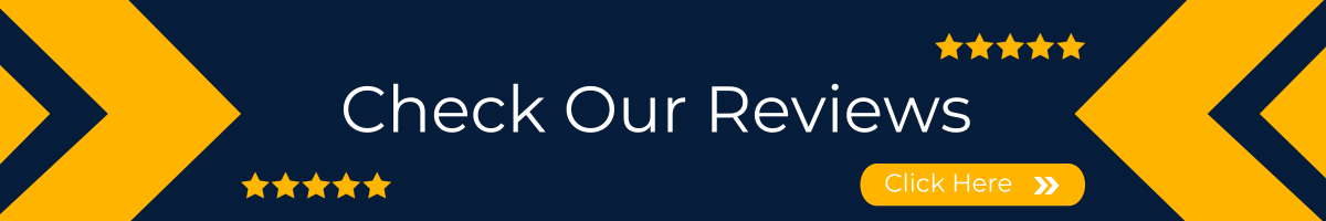 Blue and yellow banner with “Check Our Reviews” and a call-to-action button