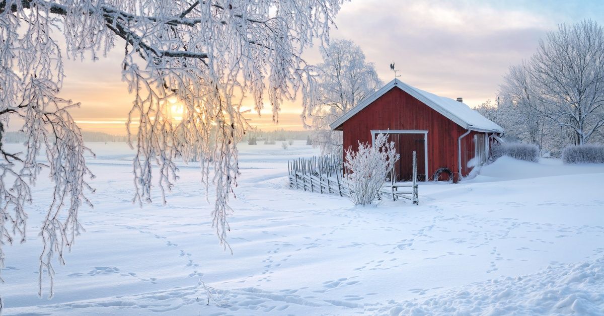A small red barn sits in a snow covered field surrounded by trees that are dripping with icicles. Th