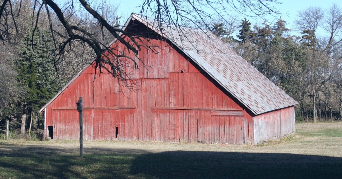 A red pole barn, faded with age and showing holes in the siding, stands in a field surrounded by trees.