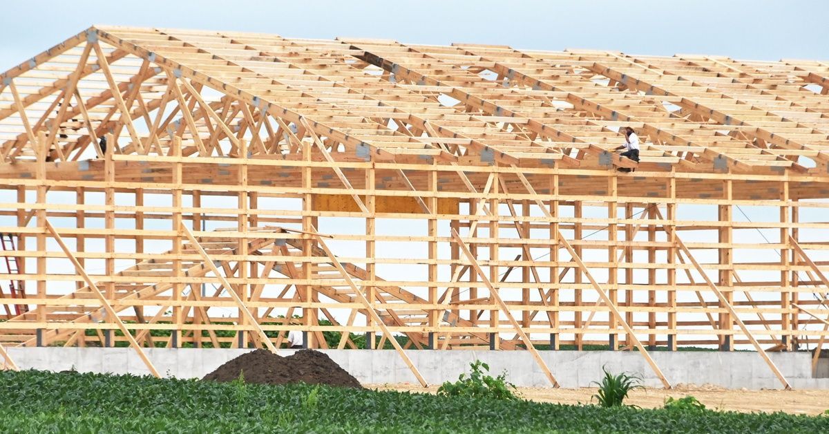 The bare, wooden frame of a barn built on a grassy, dirt area. A man with a hard hat is at the top of the frame.