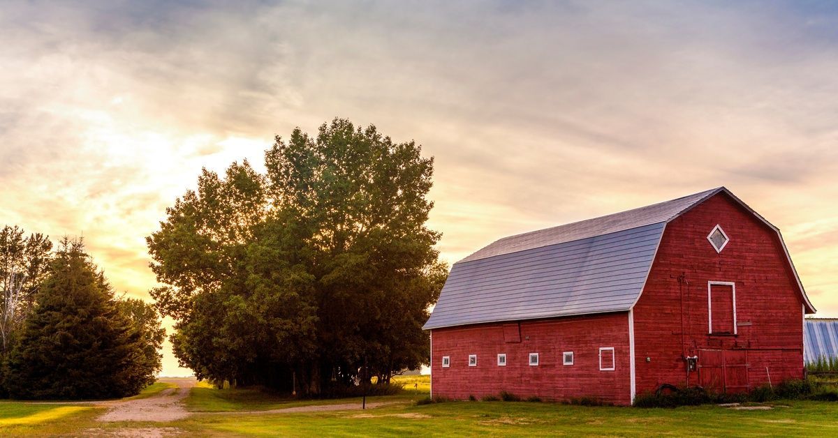A large red barn located in a field on the side of a dirt road. The sun is setting behind a nearby tree.