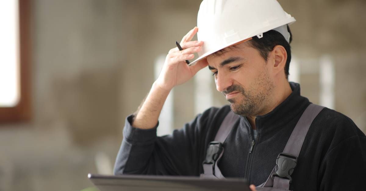 A disappointed-looking construction worker holds his hard hat in one hand and a tablet in the other 