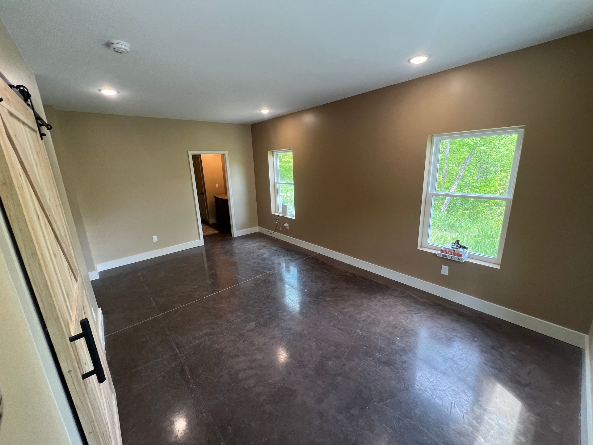 Spacious room with brown walls, dark gray floor, two windows, and a door leading to a bathroom.