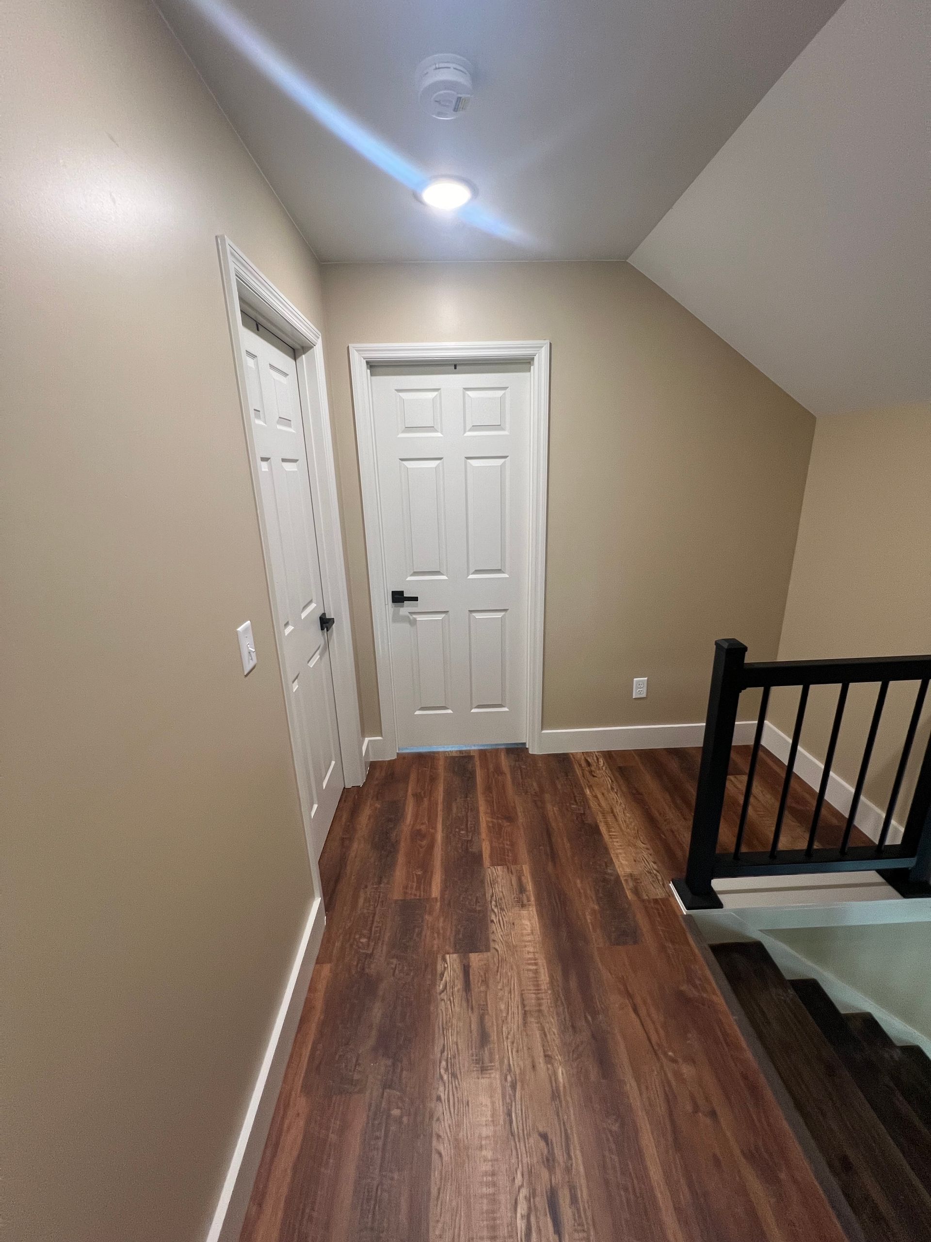 A hallway with wooden floors and beige walls, leading to two white doors. A black railing is on the right.