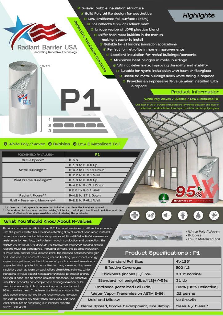 Radiant Barrier USA P1 product sheet with product roll, specifications, and installation examples.