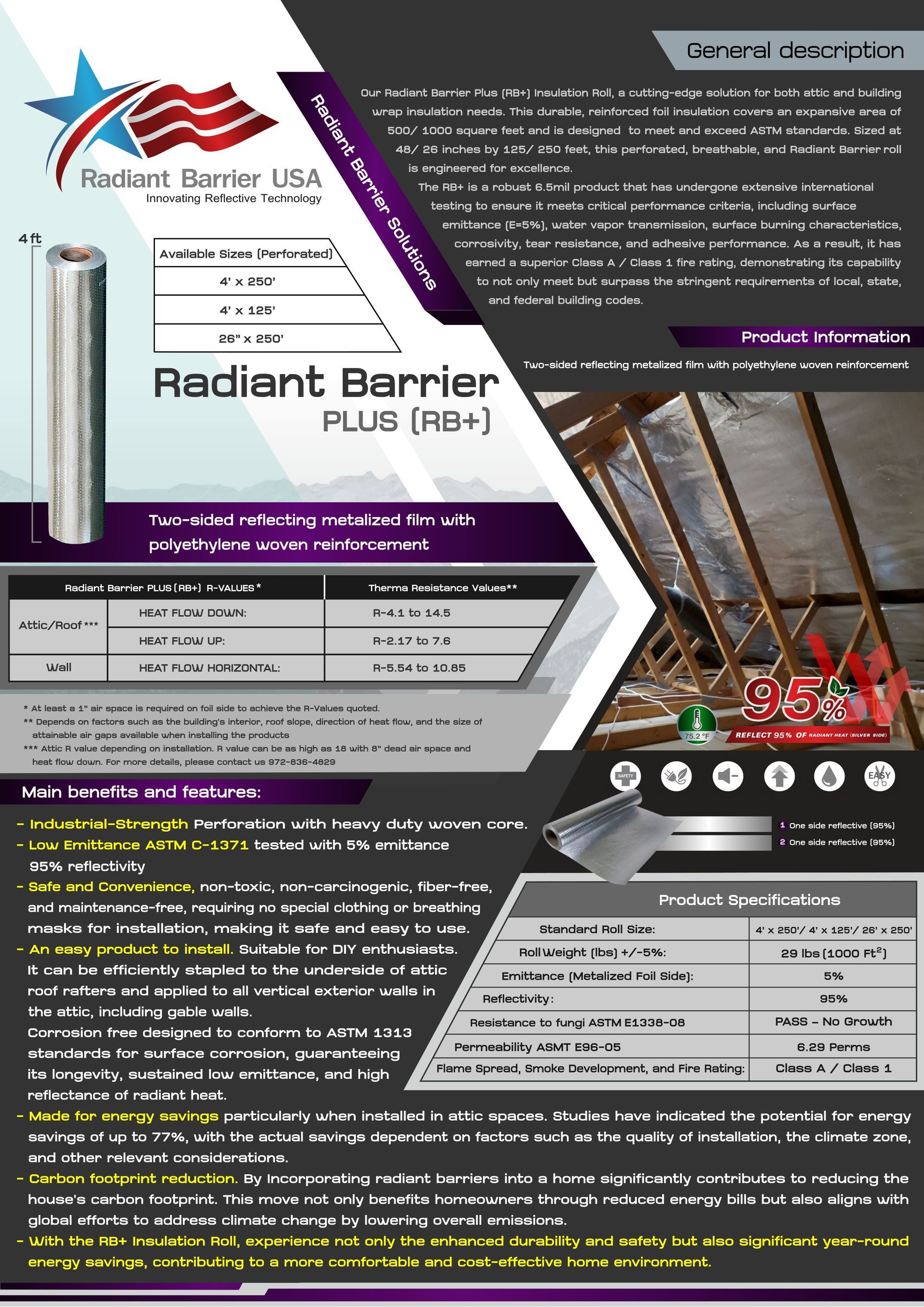 Promotional flyer for Radiant Barrier PLUS (RB+). Features product image, specs, and benefits of the insulation material.