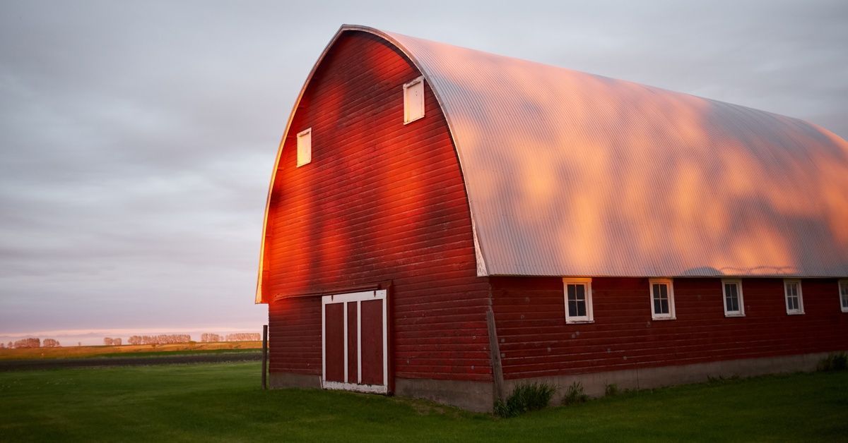 A red barn with a curved roof glows in warm sunlight, standing on a green field under a cloudy evening sky.
